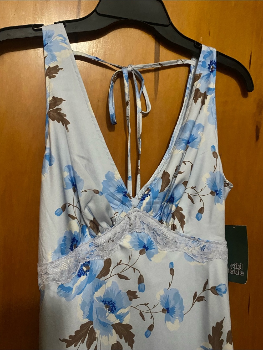 NWT- Satin Light Blue Floral Maxi Dress with Blue & Brown Bloom Print - Picture 3 of 7